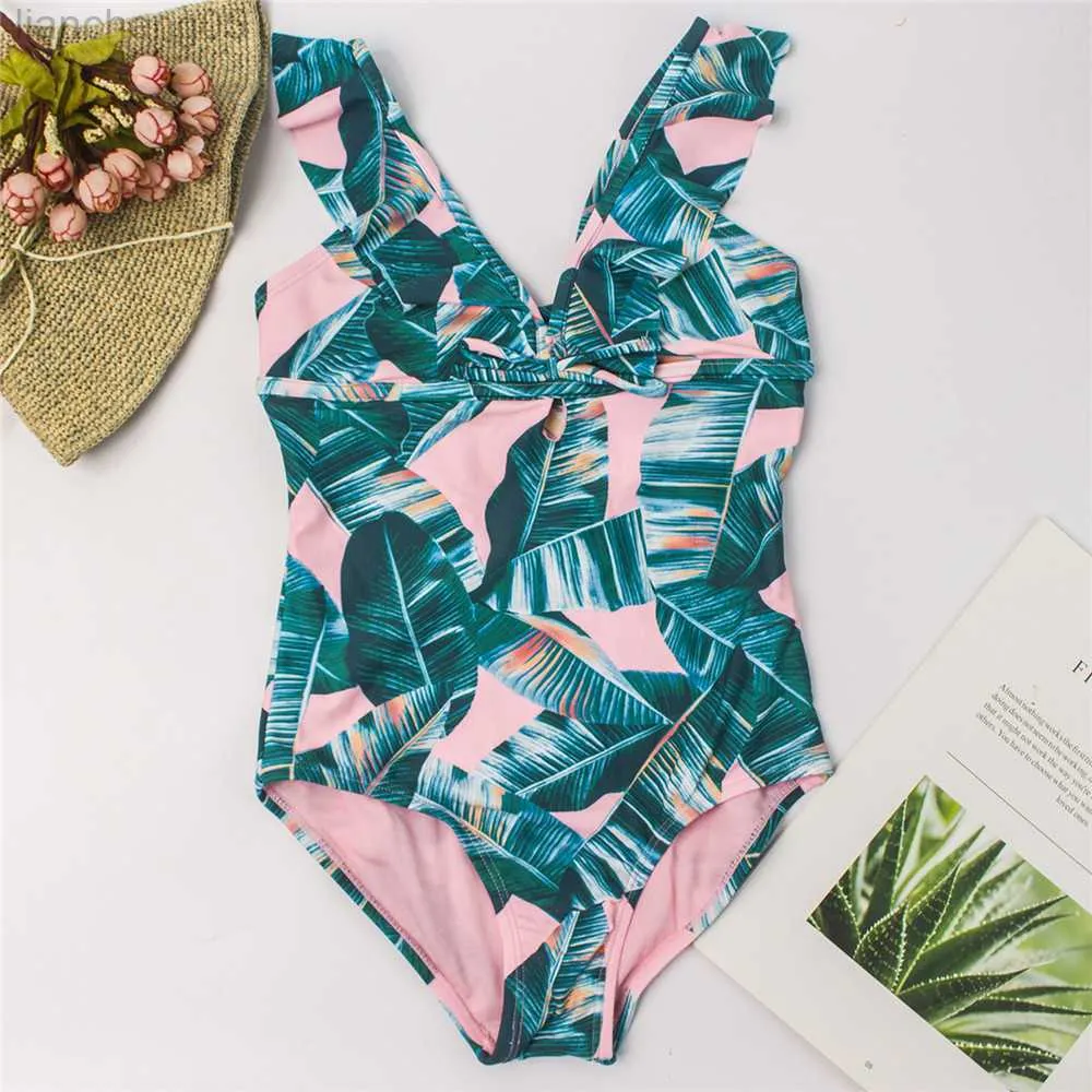 One-Pieces Leaf Print Girls Kids One Piece Swimsuit Swimwear 2022 Falbala Bandage Children Bather Summer Kid Swimming Suit Monokini A256 W0310