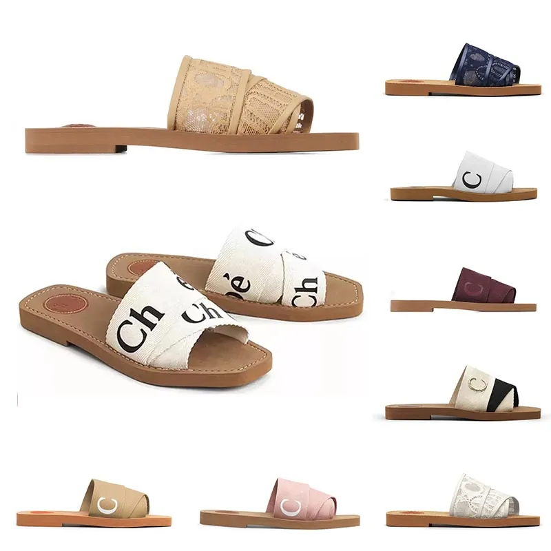 2023 Top Sandálias Woody Mules Flat Slides Light Tan Bege Branco Preto Rosa Azul Lace Lettering Chinelos de Lona Mulheres Verão Ao Ar Livre Sapatos Internos Eur35-42