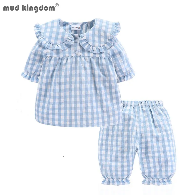 Pyjamas Mudkingdom Pyjamas d'été pour filles Plaid PJS Cute Jammies Set Big Girl Peter Pan Collar Toddler Homewear Kids Sleepwear 230306