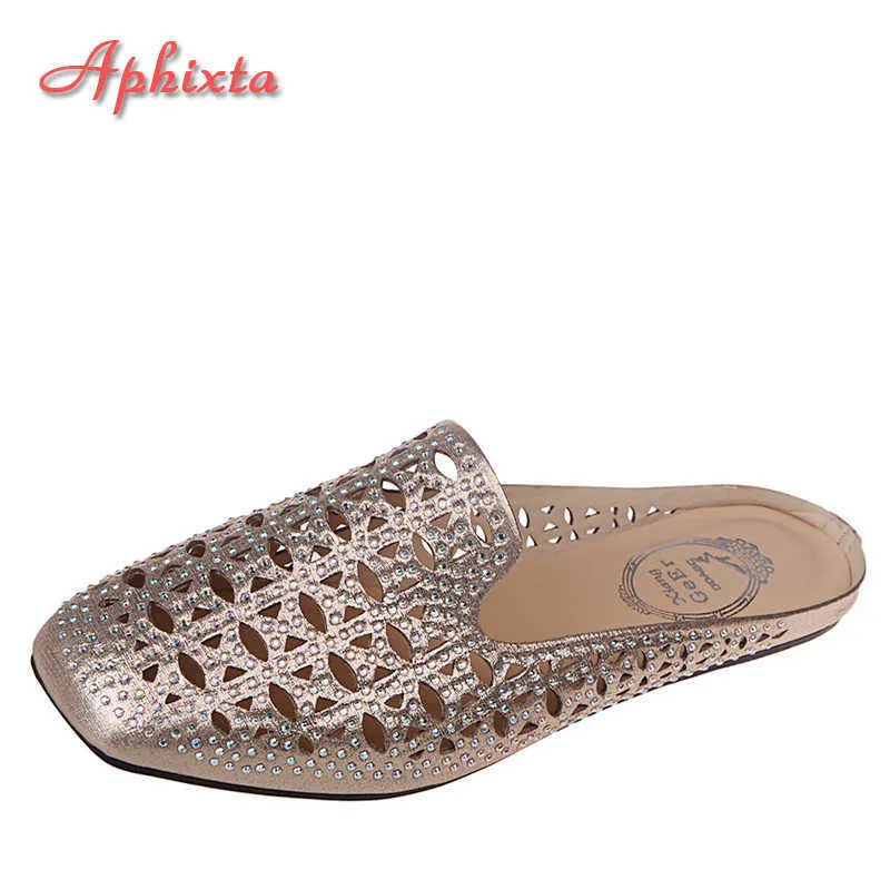 Sandali Aphixta Pantofole estive dorate Donna Mezze diapositive Cristalli cavi Scarpe con tacco piatto Open Toe Infradito Sandali Taglie forti 44 45 Z0306