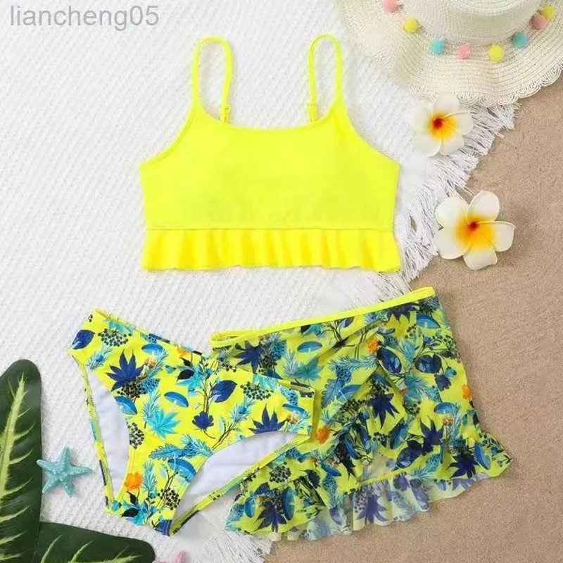 Einteilige Rüschenblattdruck Mädchen Kinder Bademode Bikinis Cover Up Großhandel 3 Stück Kinder Badeanzug Cover Smock Set Baby Kinder Biquini W0310