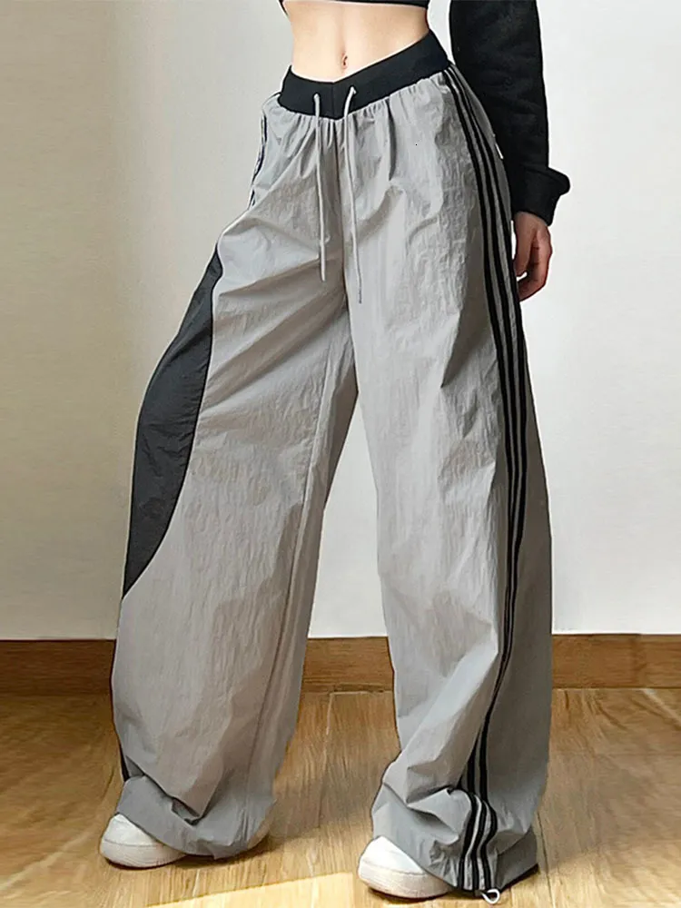 Bj Pants|women's Wide-leg Cargo Pants - Striped Acrylic Joggers With Pockets