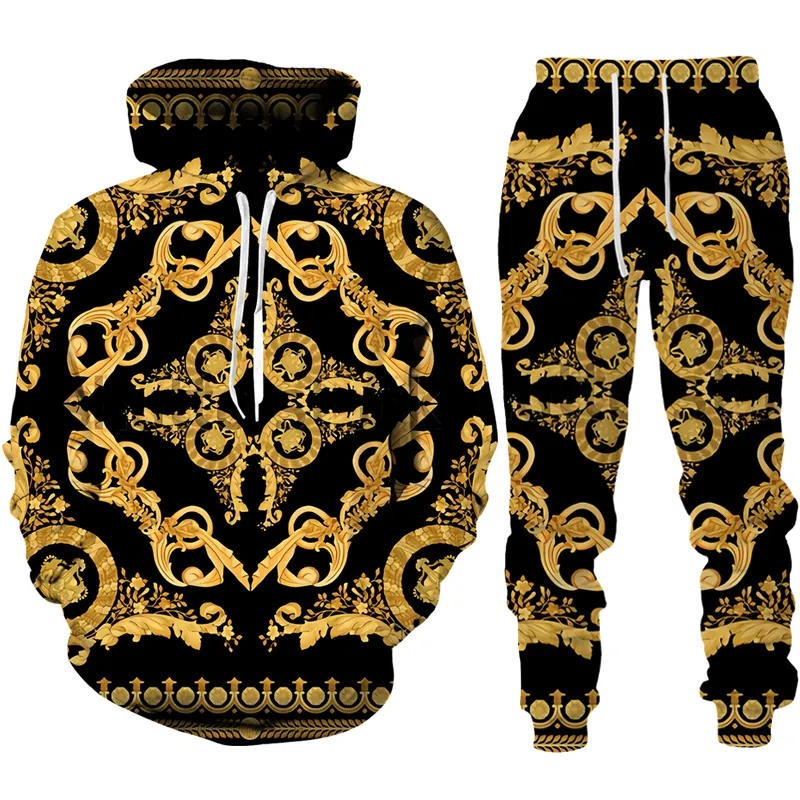 Survêtements pour hommes Style baroque Imprimé 3D Couronne Golden Chain HoodiePantsSuit Casual Pull pour hommes Sweat-shirt Pantalon Sportswear Survêtement Ensemble 230303