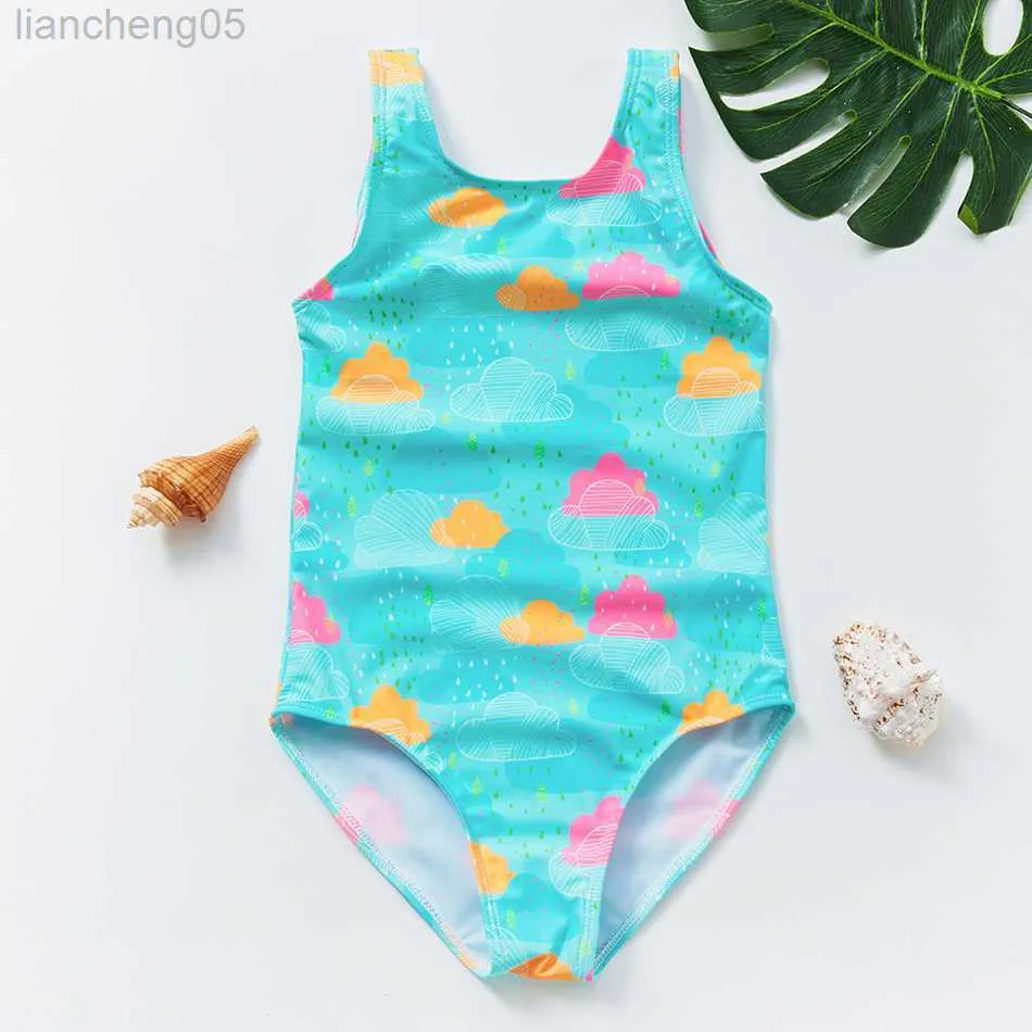 Jednopiec 2021 Girls Swimsuit One Piece Green Cloud Swiche to 2-9 Years One Piece Swimsuit Summer Beach For Children W0310