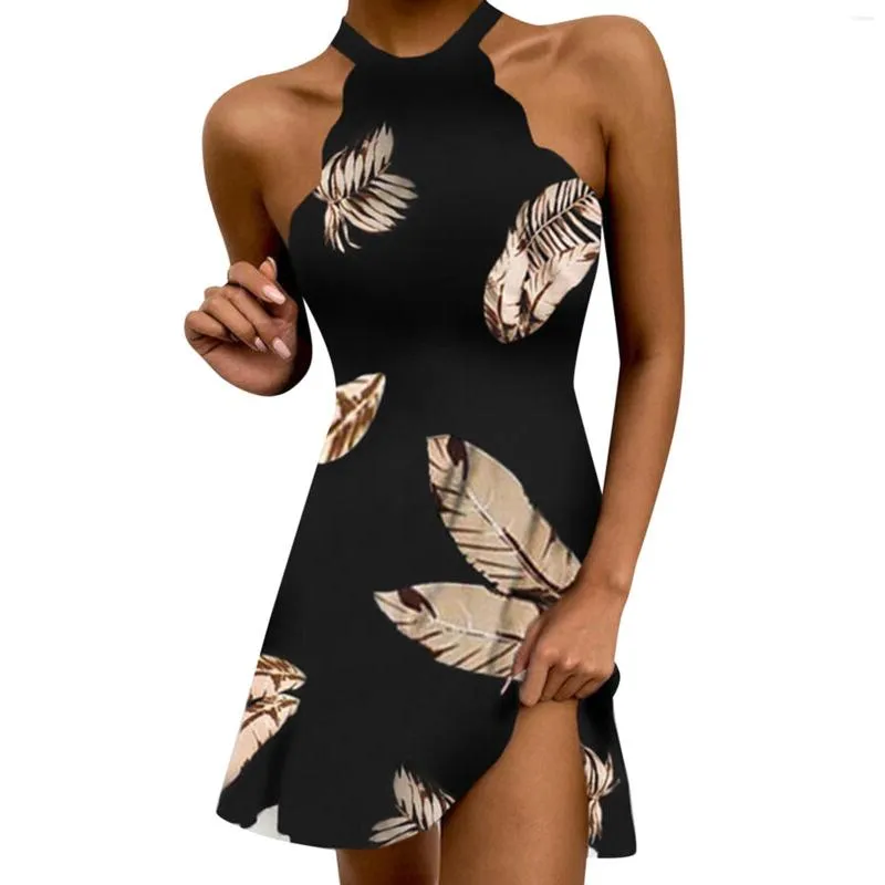 Vestidos casuais moda halter feminino mini vestido sem mangas floral férias de verão folhas de verão A-line vestidos