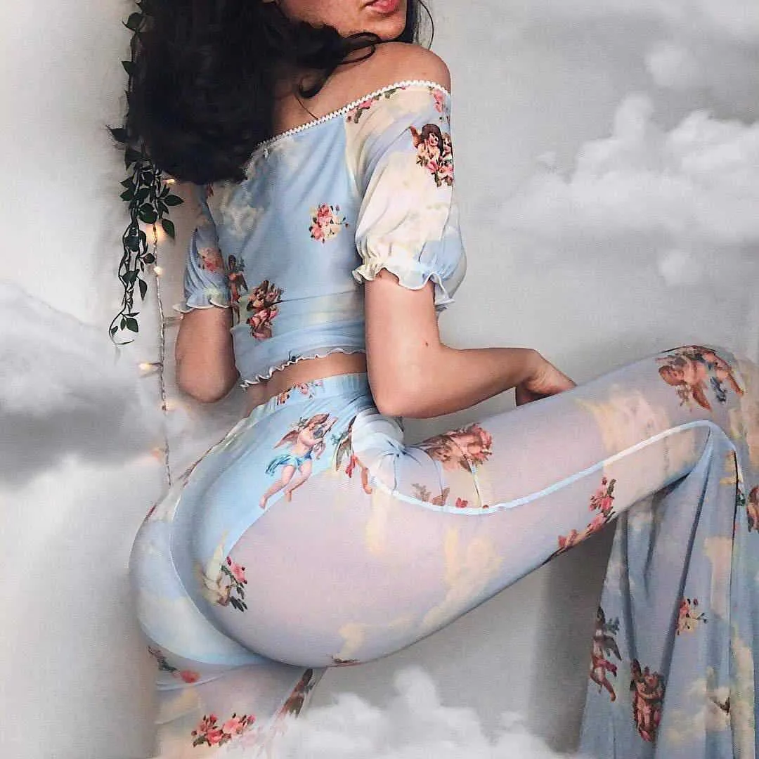 Women's Two Piece Pants 2023 summer new women's trousers Cupid digital printing screen perspective bell-bottom trousers T230303