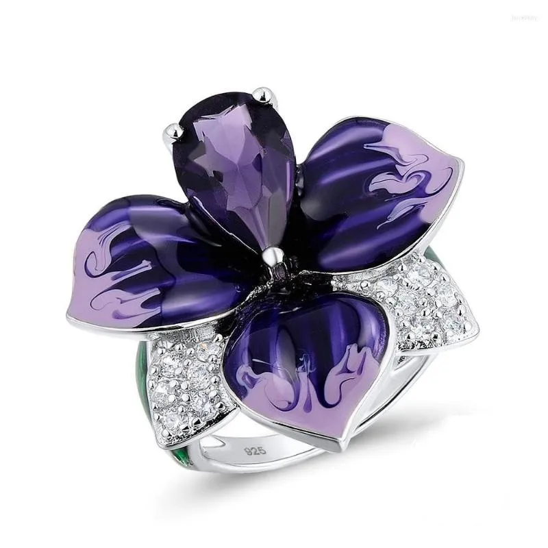 Обручальные кольца Женские модные винтажные лепестки цветочной эмаль ручной эмаль Большой фиолетовый циркон