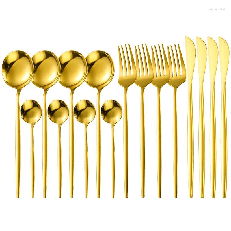 Dijkartikelen sets 16 stks gouden bestek set roestvrij staal flatware tabelgerei vork mes lepel home restaurant zilverwerk