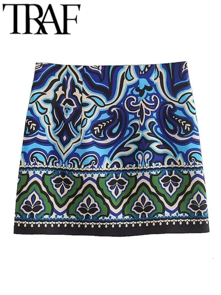 Skirts TRAF Mini 2023 Summer Women Fashion Printed Female Streetwear Vintage Casual High Waist A Line Short Y2k 230303