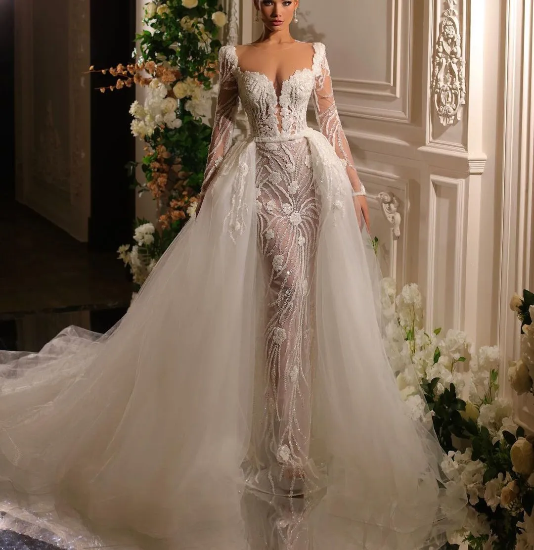 Custom-Made Mermaid Wedding Dress with Long Sleeves, V-Neck, Appliques, Sequins, Beading, 3D Lace, Detachable Train, and Floor-Length Hemline -