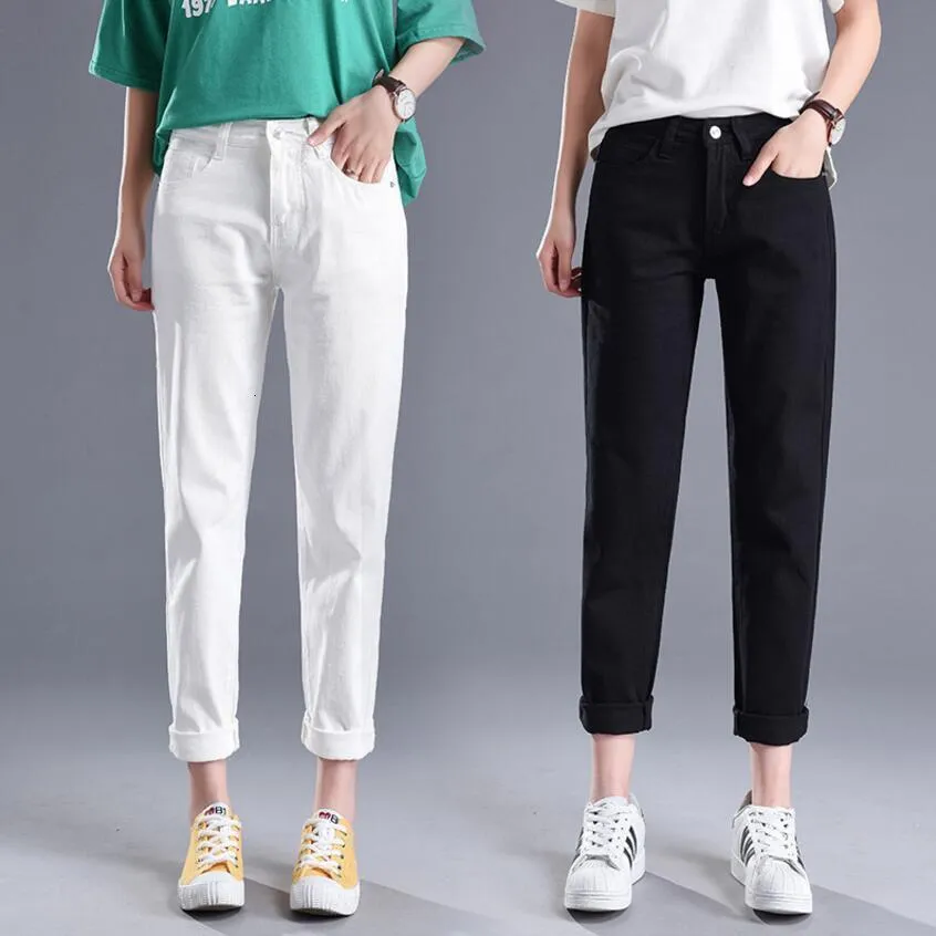 Kadınlar kot beyaz kot pantolon kadın gevşek Koreli versiyon öğrenci harem pantolon ayak bileği uzunluğu kadın pantolon kolej tarzı kot pantolon 230306
