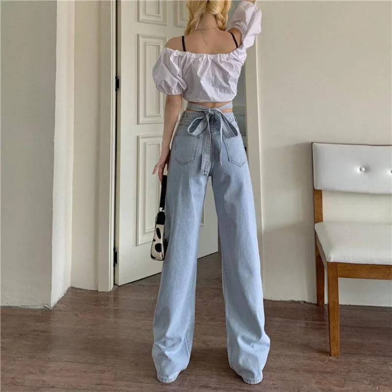 Womens Jeans Denim Trousers Women Sexy Korean Version Retro Small Waist  Light Blue Jeans Womens Tie High Waist Loose Casual Wide Leg Pants 230306  From 12,28 €