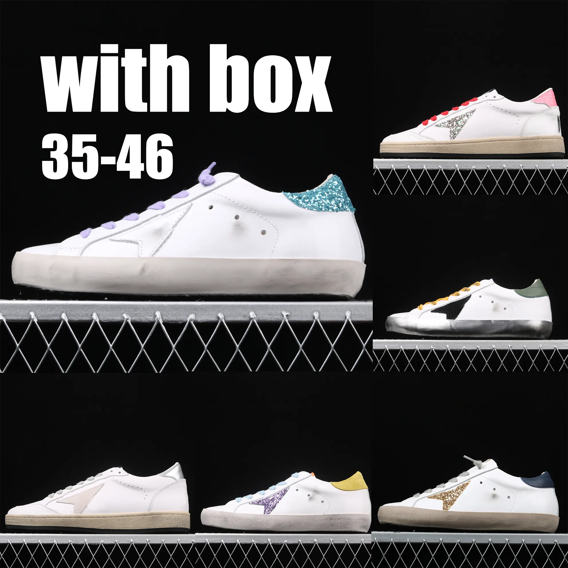 Włoska marka Sneakers Men Buty Super Star Female Sneakers Super Star Buty luksusowe złotą srebrną czarną cekinową cekinową płaską gwiezdną gwiazdkę retro brudne buty rozmiar 36-45