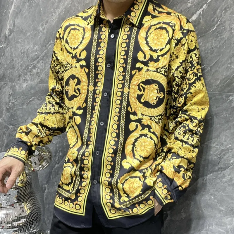 Casual overhemden voor heren Luxe zwart goud volledig gouden bloemoverhemd Casual overhemd voor heren Camisa Masculina Slank overhemd Overhemd met driehoekige print Jurk Heren geruit overhemd 230306