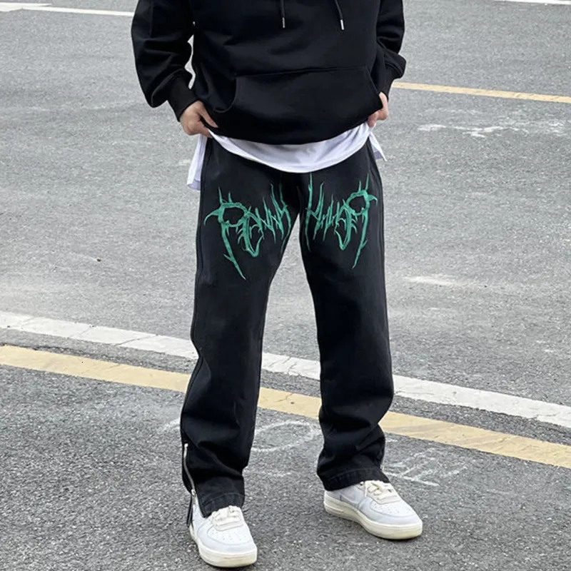 Men's Pants High Street Wash Embroidery Hip Hop Black Jeans Men's Loose Straight Tube American Hiphop Side Zipper Floor Pants 230306