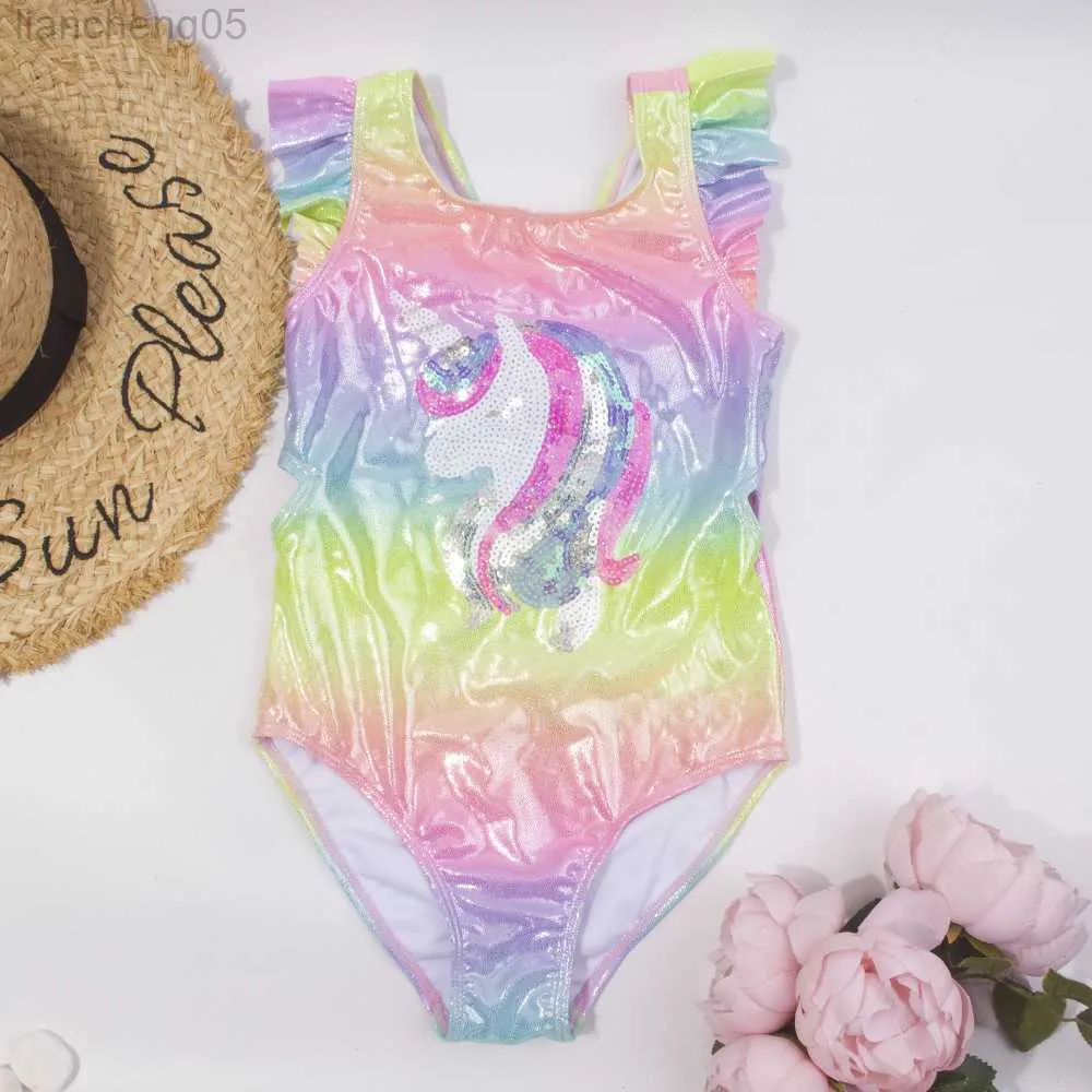 One-Pieces Rainbow Sequins Summer Kids One Piece Swimwear Swimming Bathing Suit 2023 Children Monokini Girls Swimwear Swimsuit 282 W0310