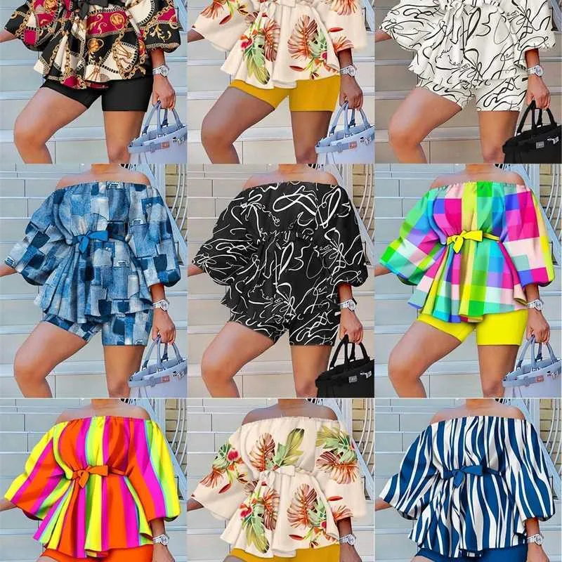 2023 Spring Summer Designer Casual Fashion Tracksuits Two Piece Sets Slash Neck 2/3 Sleeve New Print 2-Piece Set Women Shorts
