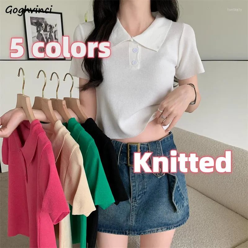 Women's T Shirts Knitted 5 Colors T-shirts Women Crop Tops Short Sleeve Sweet Preppy Elegant Lovely College Slim Fashion Korean Females