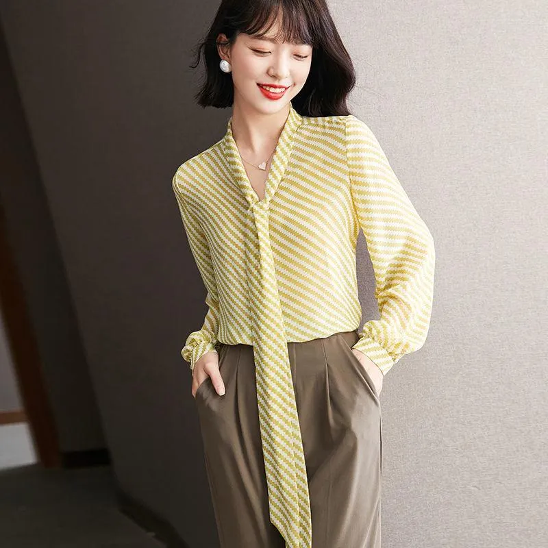 Women's Blouses Chiffon Bow Neck Women Blouse Summer Design 2023 Long-Sleeved Elegant Office Lady Outwear Coats Top Quality