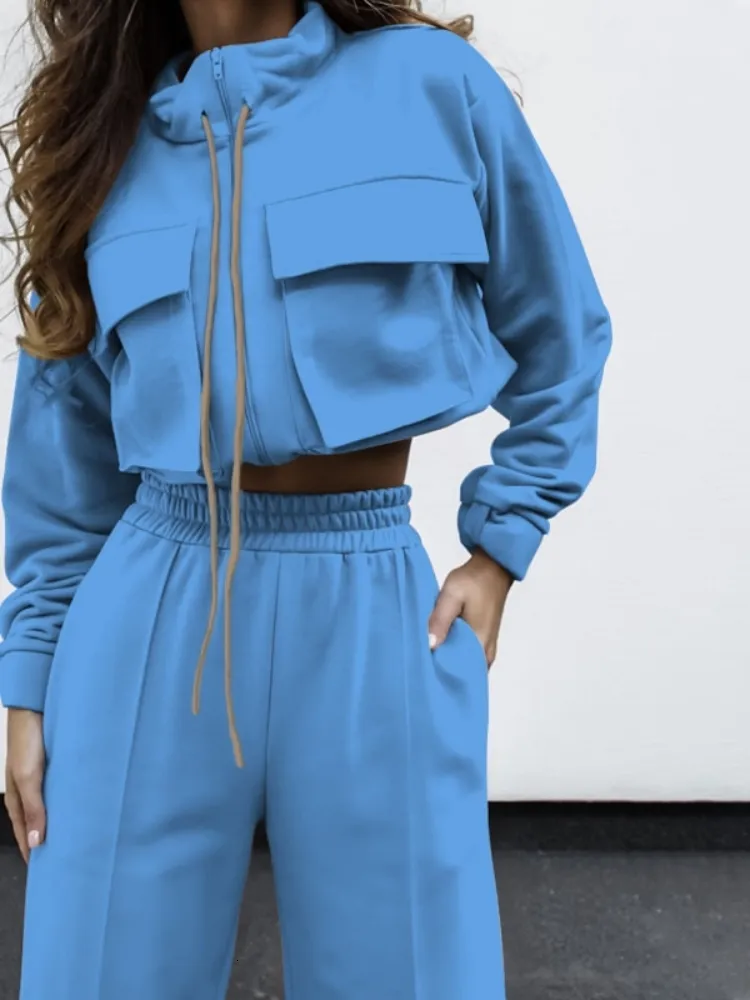 Women's Two Piece Pants Streetwear Matching Set Pockets Long Sleeve Top And Wide Leg Chic Tracksuit Set Sweatsuit Fitness Outfits 230306