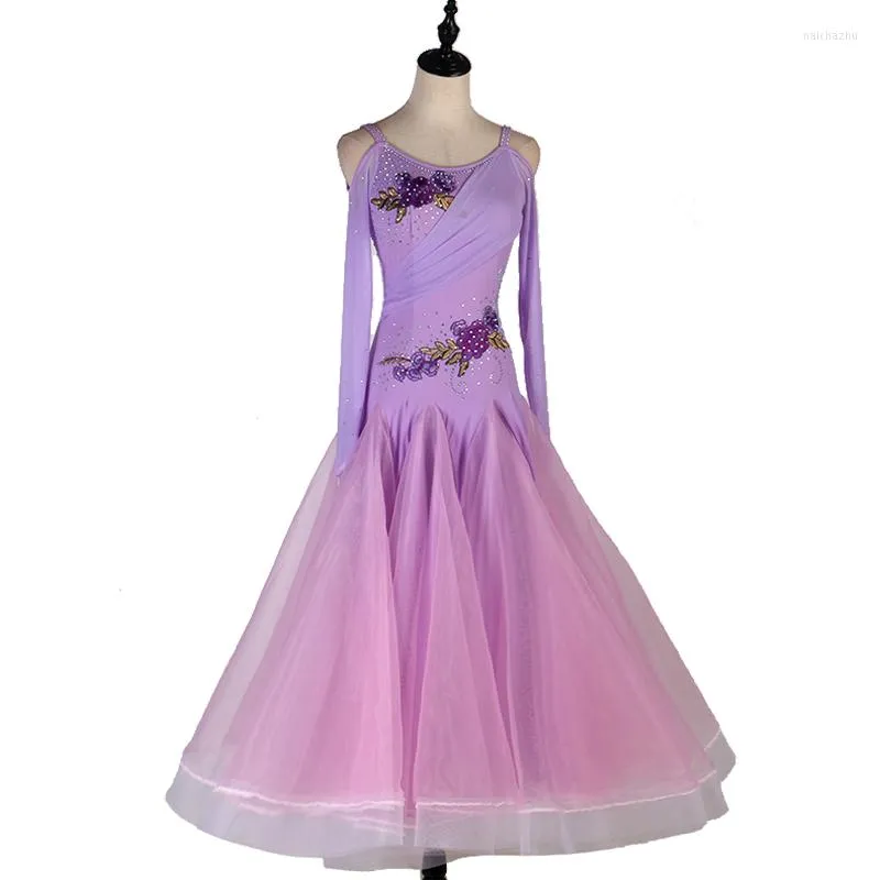Stage Wear Lady's Advanced Ballroom Competition Abiti da ballo 2023 Elegante colore lilla Tango Valzer Vestito da ballo da donna