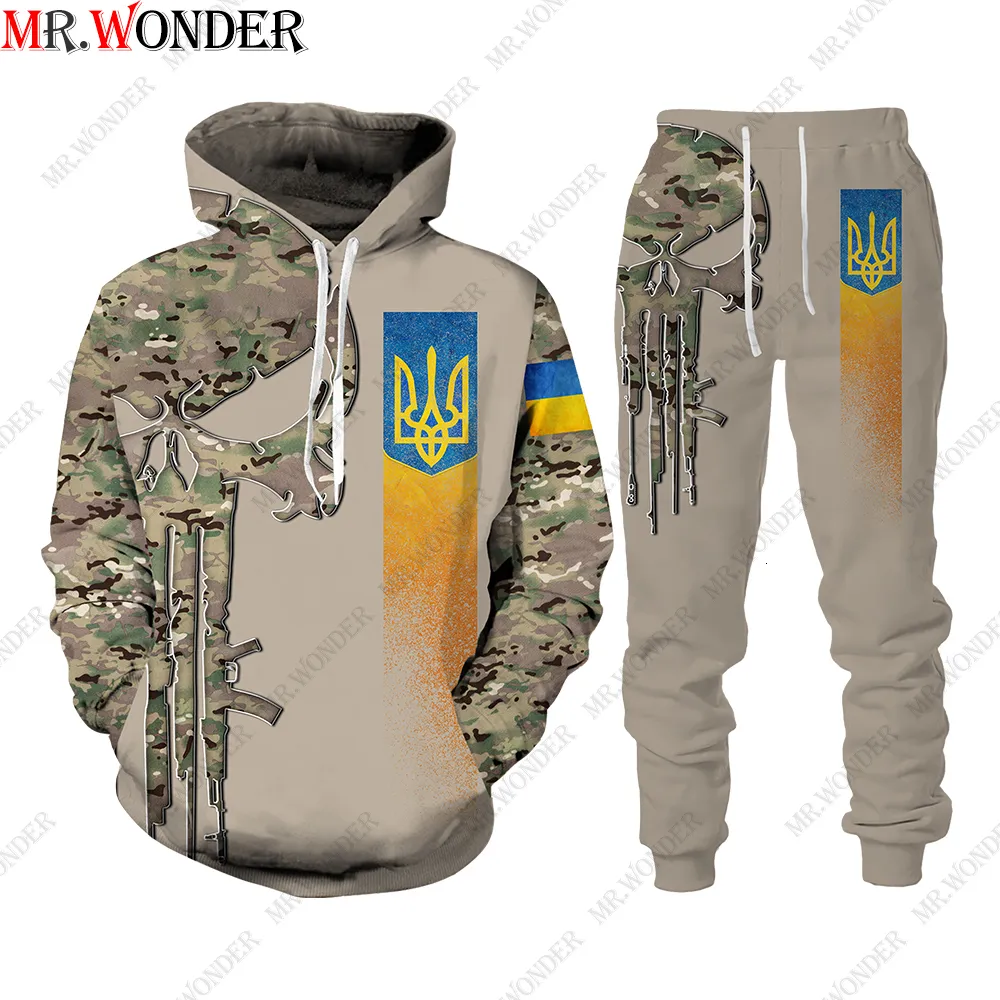 Herrspårsfall Mr.Wonder ukrainsk kamouflage Militärstil tryckt 3D -träningsdräkter Men Spring Hoodie Sours Sportswear Male Zip Streetwear 230306