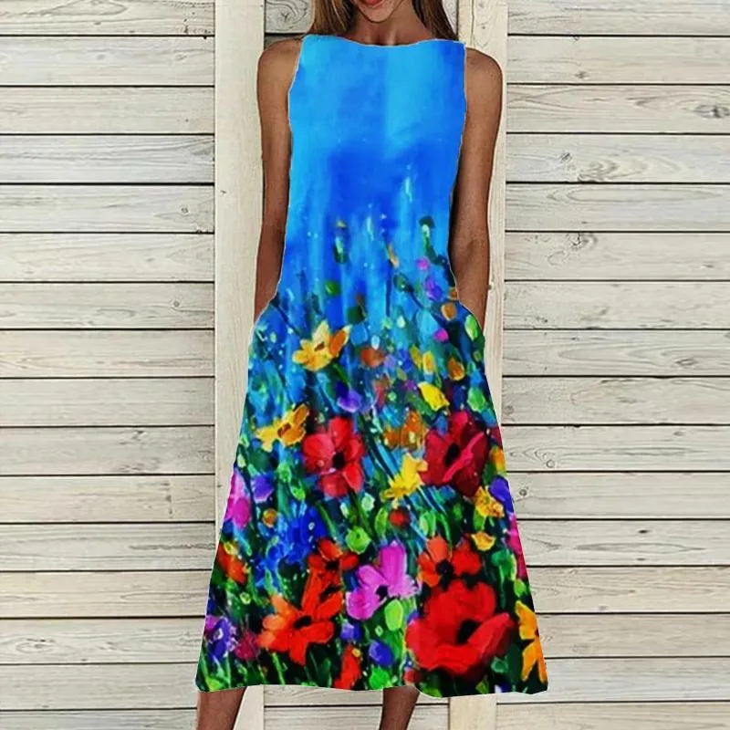 Casual jurken vrouwen zomerjurk losse mouwloze 2023 mode vrouw bloem print o-hals vintage bohemia strandvestido de mujer