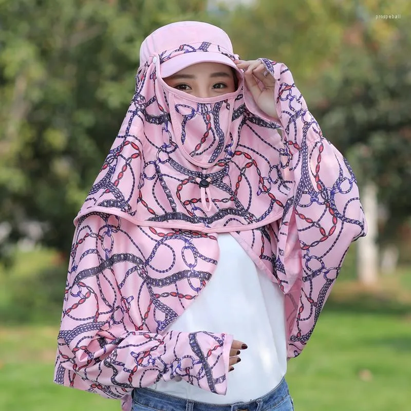 Chapéus largos da borda Mulheres chapéu de sol e manga de braço Longo Proteção completa Cap fêmea fina respirável moda listrada em todo