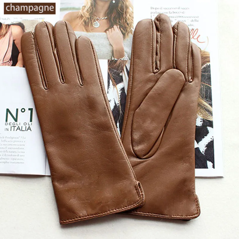 Five Fingers Gloves Color Sheepskin Leather Gloves Women's Straight Style Wool Lining FallWinter Warm Motorcycle Riding Car Driving Finger Gloves 230306