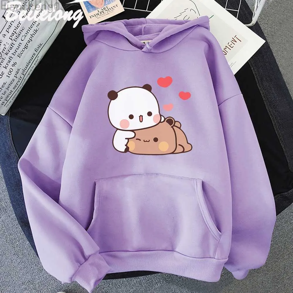 Luvtröjor dam Sweatshirts Söt Panda Bear Cartoon Hoodie Långärmad Bubu Dudu Tröjor i koreansk stil Dam 90-tal Rosa Roliga tryck Harajuku Pocket Kawaii W0306