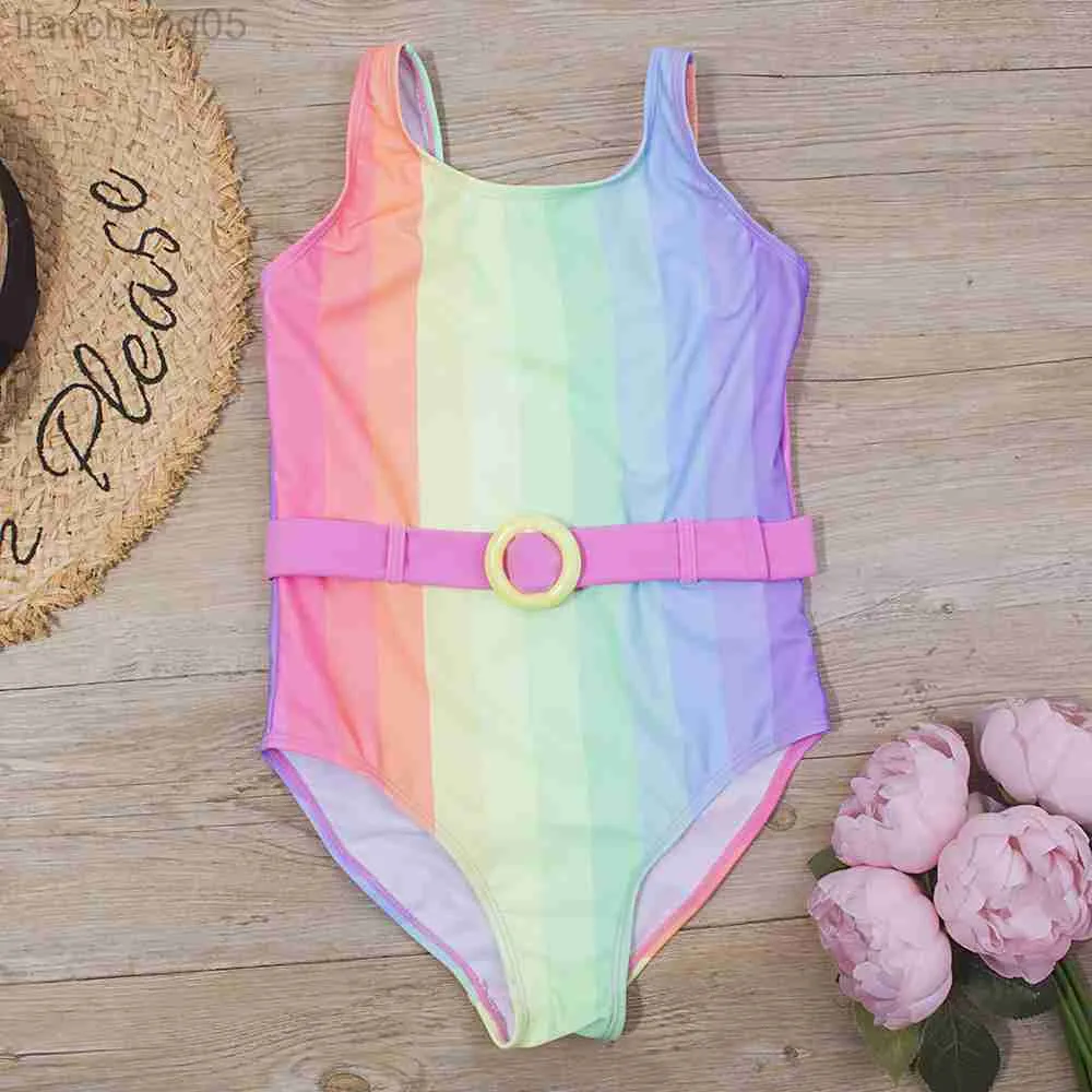 One-Pieces Rainbow Bandage Ceinture Enfants Filles One Piece Maillot De Bain Maillots De Bain Enfants Bébé D'été Plage Porter Monokini Marque Enfant Maillot De Bain W0310