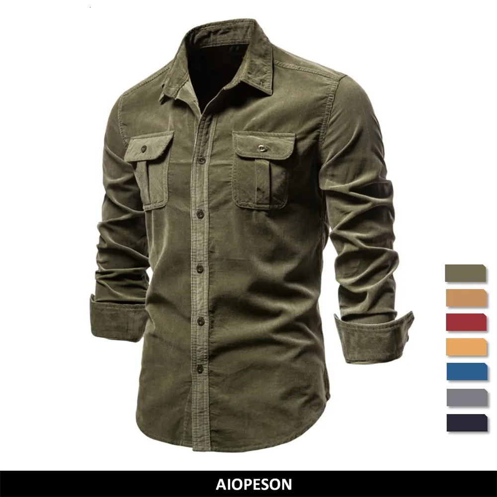 Męskie koszule zwykłe Aiopeson Corduroy 100% bawełniane koszule Men Business Casual Lapel Solid Kolor Slim Fit Koszulka Jesienna Koszula dla mężczyzn 230303
