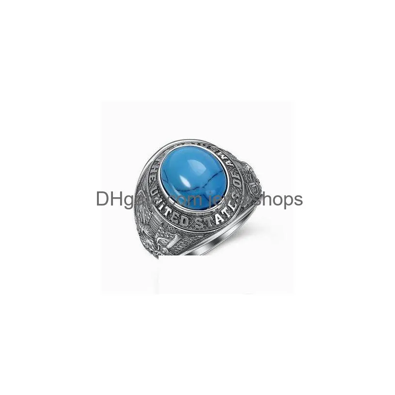 Band Rings 925 Sterling Sier Inlay Big Blue Turquoise Flying Eagle English Letter Ring Jewelry Drop Delivery Dhdkv