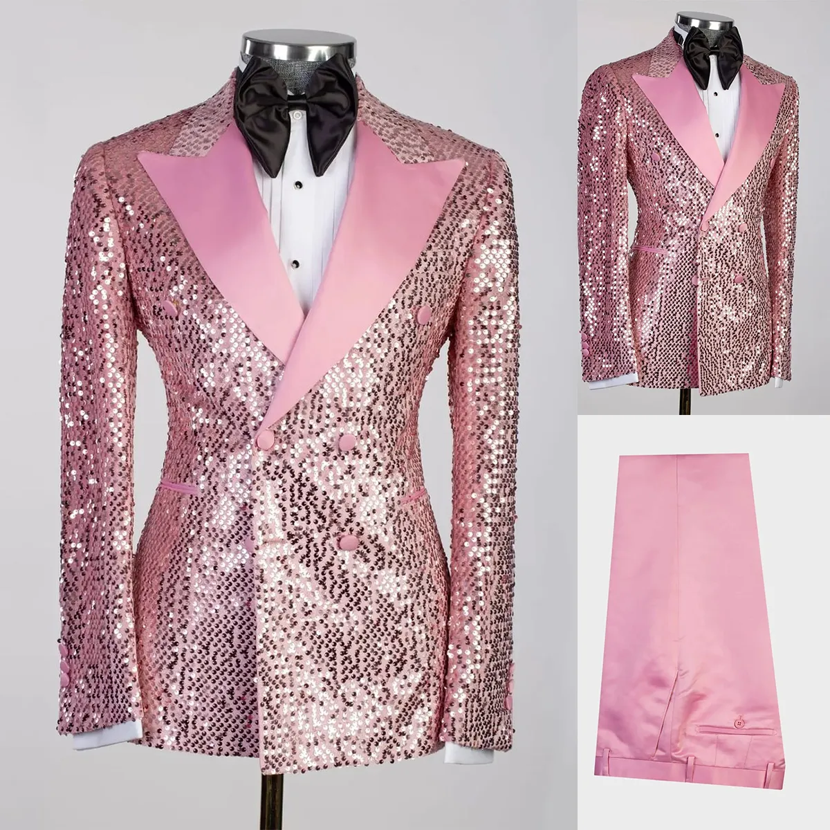 Hot Pink Sequins Men Wedding Tuxedos Double Breasted Groom Wear Tailored Party Prom Coat Business Jacket 2 Pieces