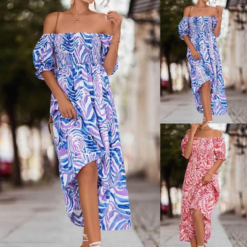 Casual Dresses Womens 2023 Summer Elegant Floral Print Off the Shoulder Elastic Midje Boho Mid Long