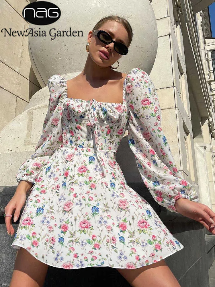 Casual Dresses Newasia Floral Dress Women Lantern Long Sleeve Ruched Print A Line Square Neck Tlight Up Mini Vestidos Sexig Chic Summer Beach Dress Z0216