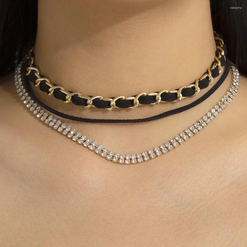 Choker Purui 3st/Set Korean Iced Out Rhinestone Halsband Black Flannelette Clavicle Neck Chain For Women Jewel Gifts Fashion