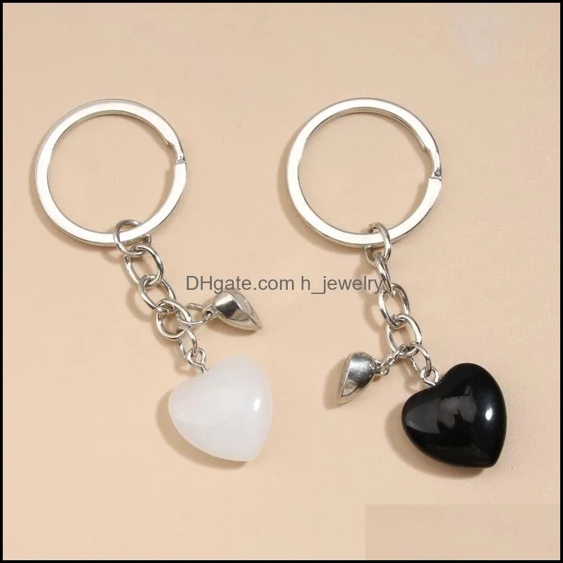 Keychains Lanyards Design Keychain Natural Crystal Quartz Stone Love Heart Magnetic Button Keyring Key Chains For Couple Friend Gi Dhtrz