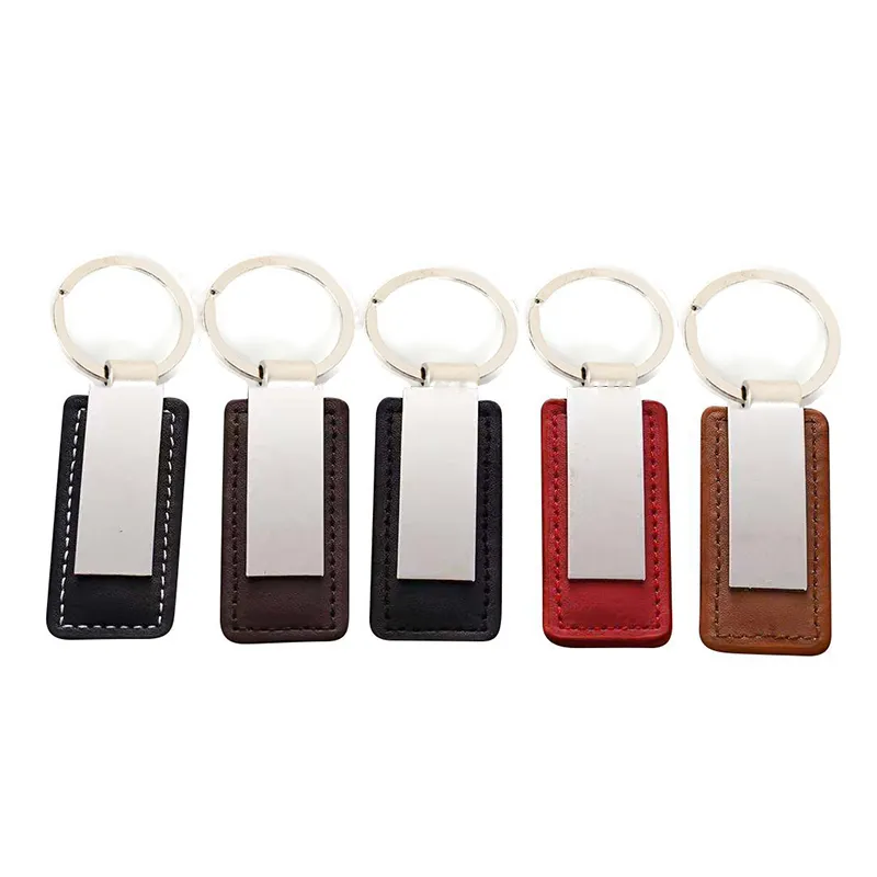 Leather Car Keychains Stainless Steel Car Keychain Luggage Decoration Key Chain DIY Keyring Pendant 5 Colors