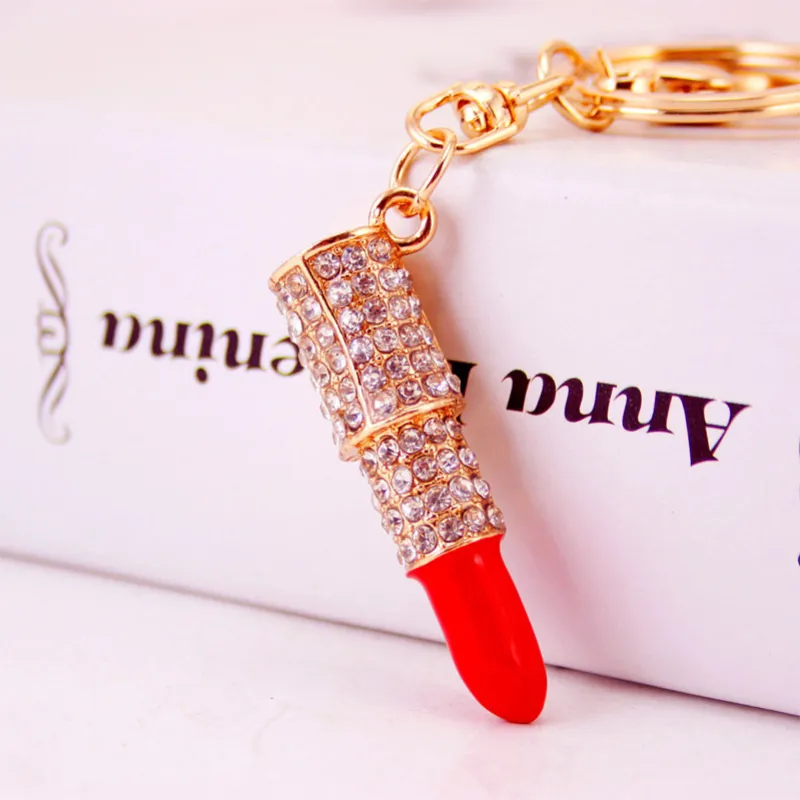 Beautiful Women Gift Lipsticks Charm Keychain Colorful Rhinestone Micro Pave Keychains for Bag Decoration