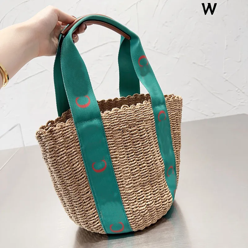 Houten stro zak haak emmer tas dames mand strandtas ontwerper luxe schouderhandtassen canvas bakken open lrage capaciteit modebrief bedrukken lederen bodem