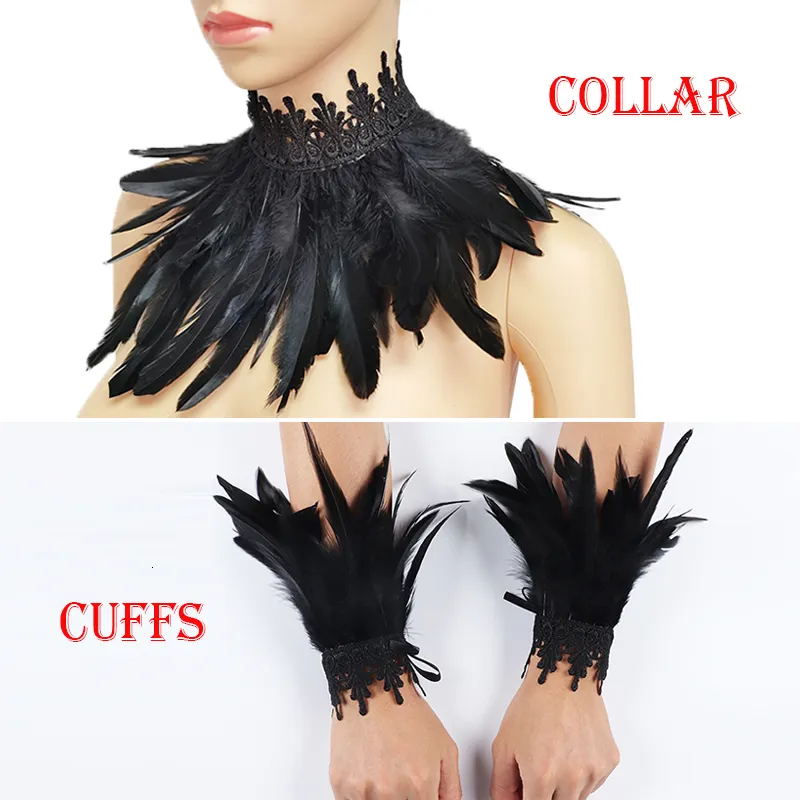 Bow Ties Victorian Spets Feather Fake Collar and handled manschetter Set Gothic Feather Choker Neck Wrap Collar Feather Gloves Cosplay Party Pests 230306