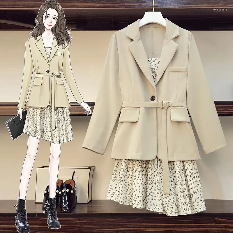 Work Dresses 2023 Autum Fashion Blazer Dress Suit Korean Solid Color Jacket And Short Floral Sling Two Piece Set Women M189