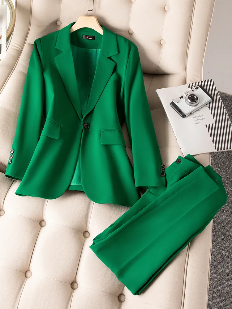 Menas femininas Blazers Khaki Green Black Women Pant Ano Office Ladies Straight 2 Peça Trabalho de negócios feminino Use um botão único Blazer e Trouser 230306