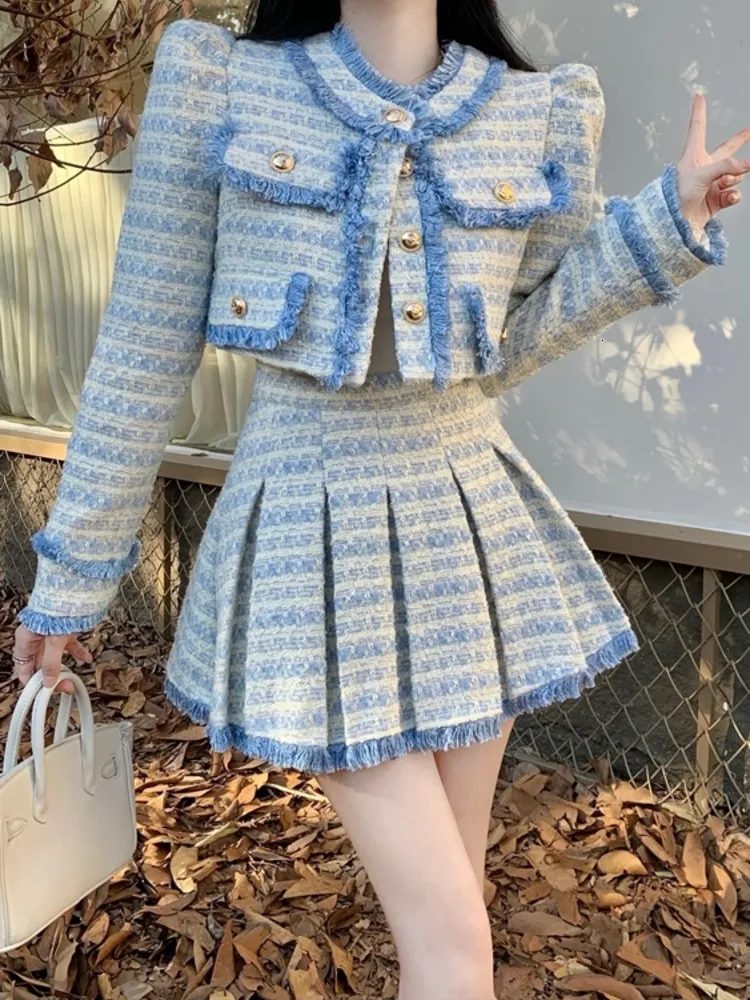 Women's Tweed Two Piece Dress Set - Pink & Blue, Short Jacket & Skirt, High Quality Tassel, Korean Fashion, 2024 Winter Women's Tweed Two Piece Dress Set - Pink & Blue, Short Jacket & Skirt, High Quality Tassel, Korean Fashion, 2024 Winter