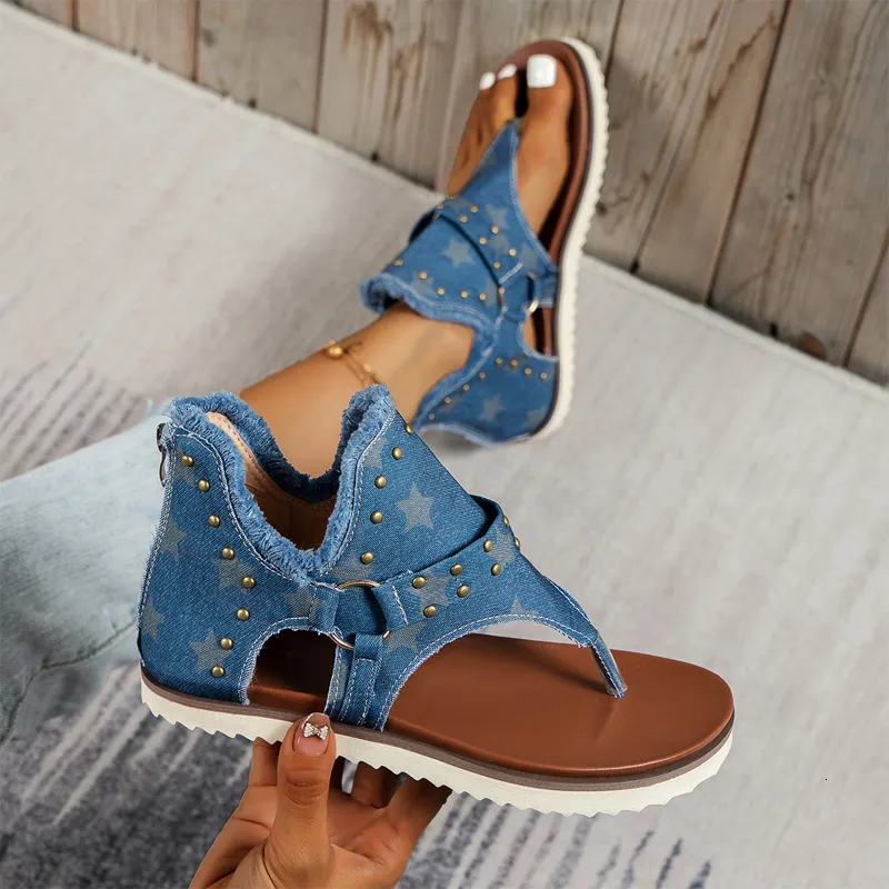 Sandals Summer Denim Shoes Women Chic Star Print Gladiator Sandals Ladies Punk Rivet Stud Fip Flops 230306