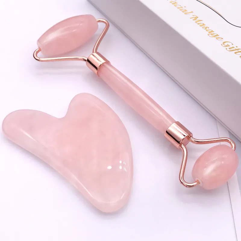 Gifts Natural Tumbled Chakra Rose Quartz Carved Reiki Crystal Healing Gua Sha Beauty Roller Facial Massor Stick with Alloy Gold-Plated