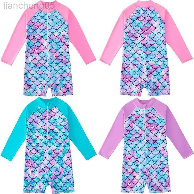 One-Pieces Swimsuit Mermaid Girls Swimwear One Piece with Long Sleeve Sun Protection Middle Child Swimming Bathing Suits Surfing Beachwear W0310