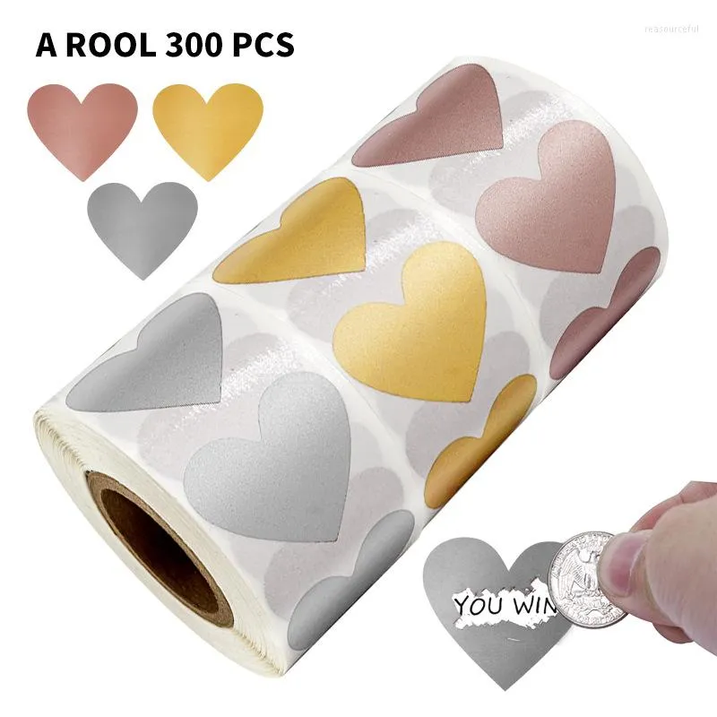 Present Wrap 300st/Roll Heart Shape Scratch Off Stickers Rose Gold Label DIY Gör din egen överraskningsdekoration Game Party Activity 2023