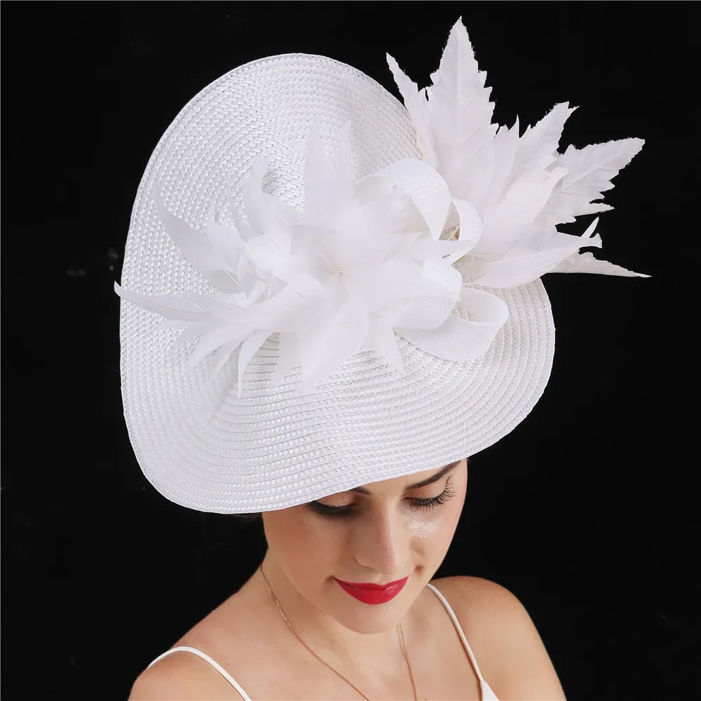 Cappelli a tesa avara Sposa White Chic Fascinator Cappello Cocktail Matrimonio Chiesa Copricapo Kentucky Copricapo Piuma Fiore Donna Foglia Decor Fascinator 230306